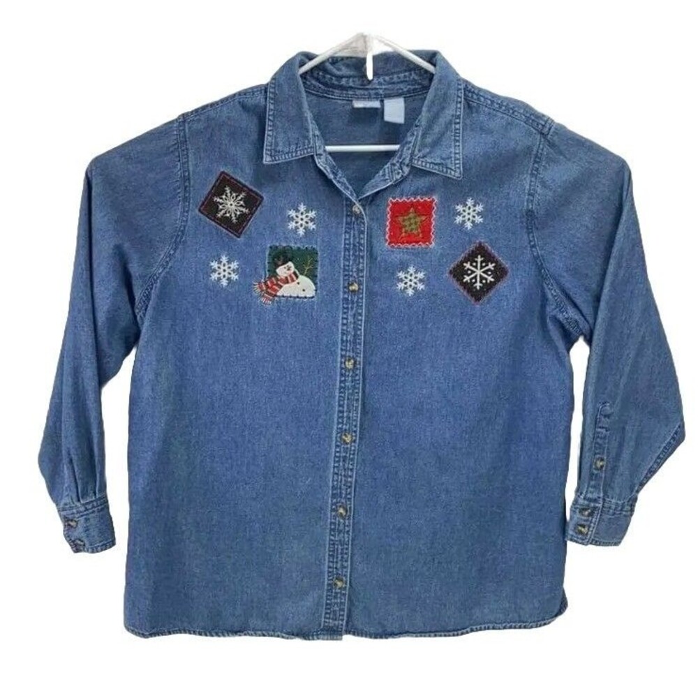 Holiday Editions with snowman/snowflake embroidery Denim Shirt size 1X